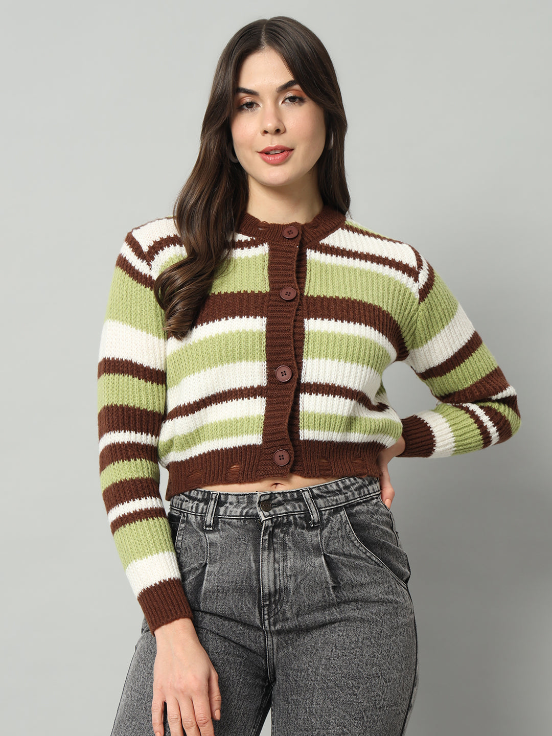 BROOWL Women Green Striped Woollen Pullover