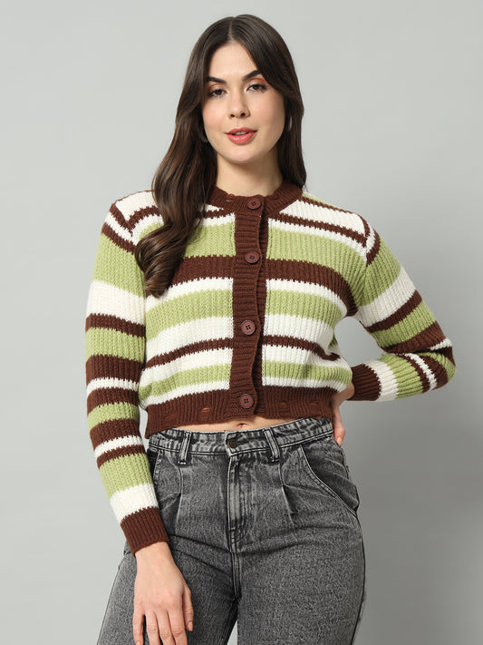 BROOWL Women Green Striped Woollen Pullover