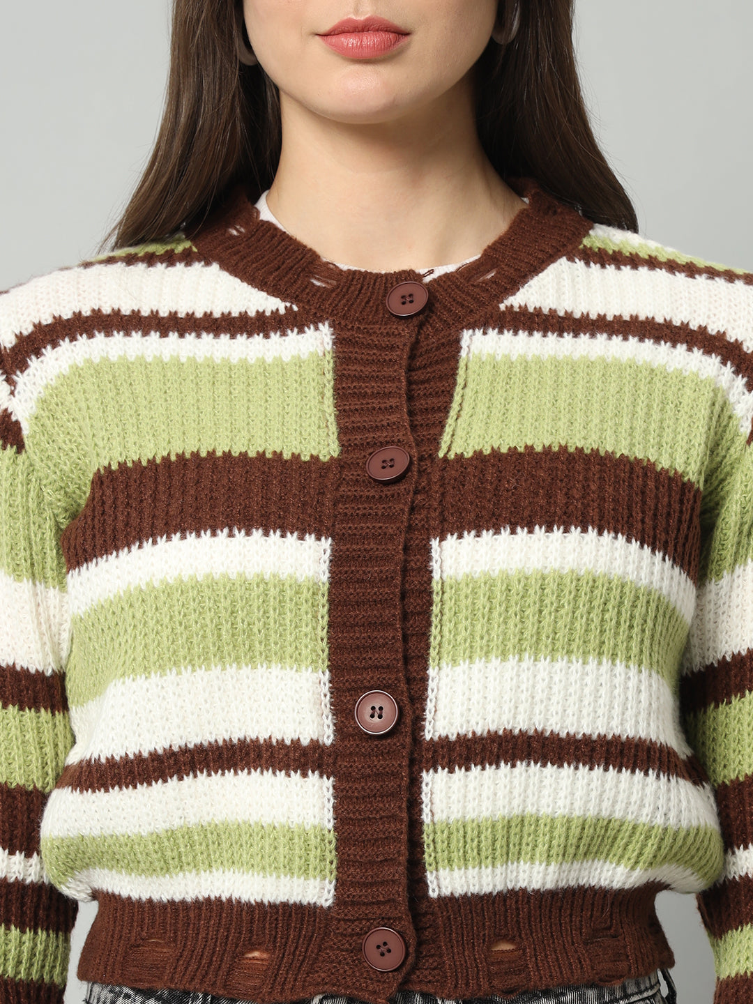 BROOWL Women Green Striped Woollen Pullover