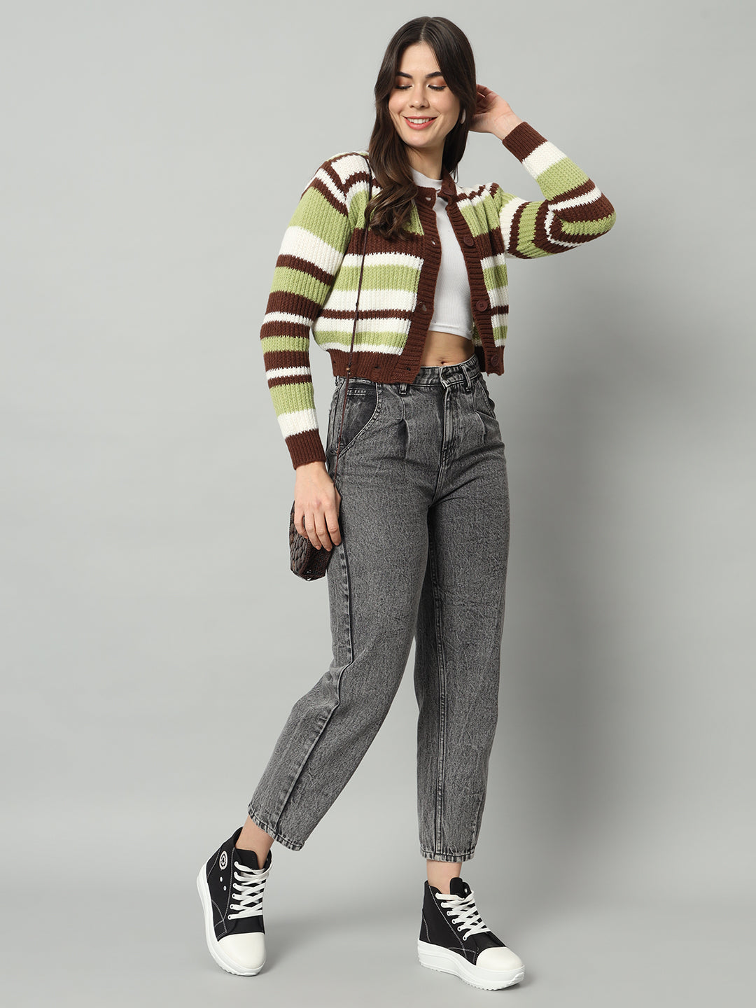 BROOWL Women Green Striped Woollen Pullover