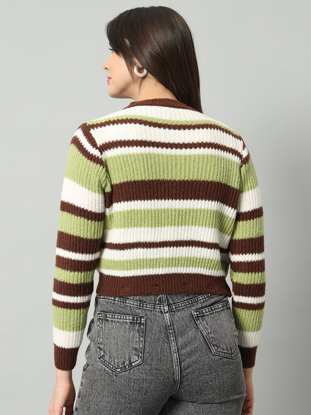 BROOWL Women Green Striped Woollen Pullover