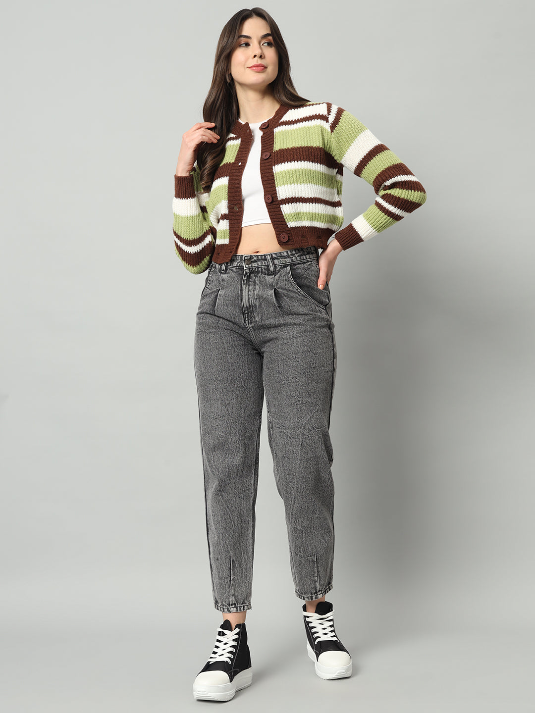 BROOWL Women Green Striped Woollen Pullover