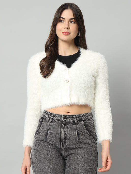 BROOWL Women White Woollen Pullover