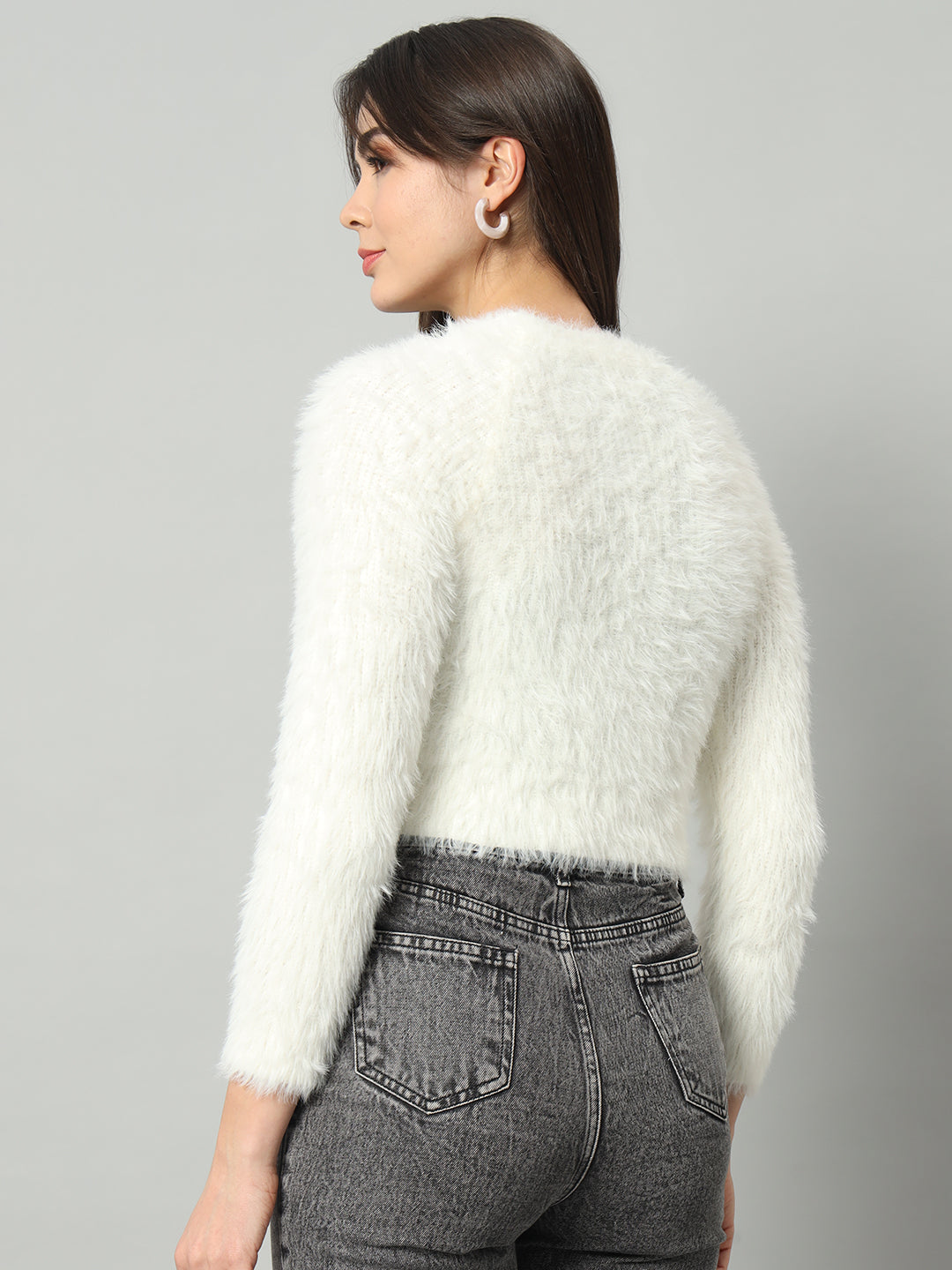 BROOWL Women White Woollen Pullover