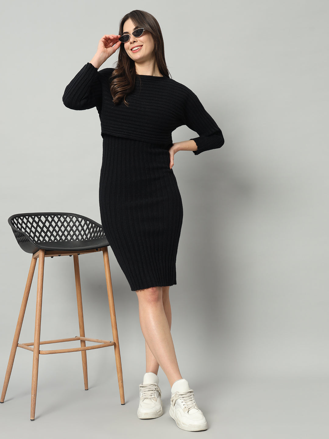 BROOWL Women Boat Neck Woollen Sheath Dress