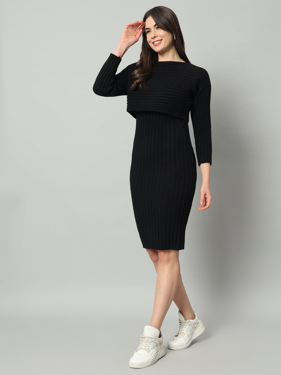 BROOWL Women Boat Neck Woollen Sheath Dress