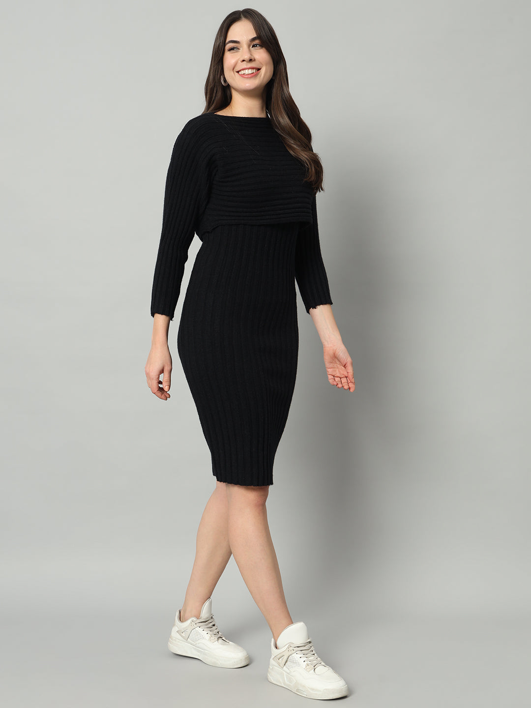 BROOWL Women Boat Neck Woollen Sheath Dress