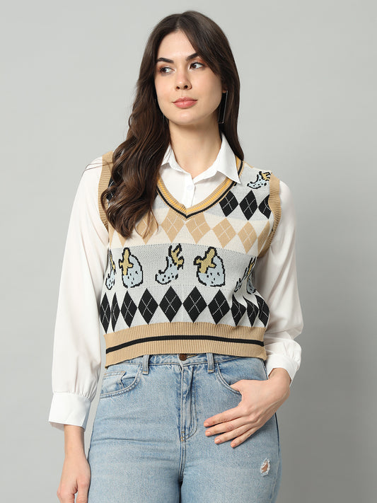 BROOWL Women's Geometric Printed Woollen Sweater Vest