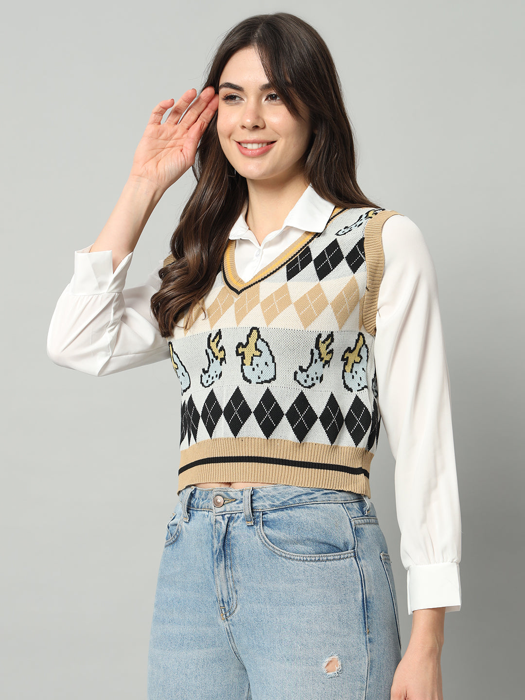 BROOWL Women's Geometric Printed Woollen Sweater Vest