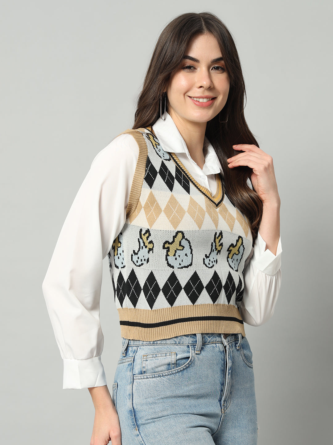 BROOWL Women's Geometric Printed Woollen Sweater Vest