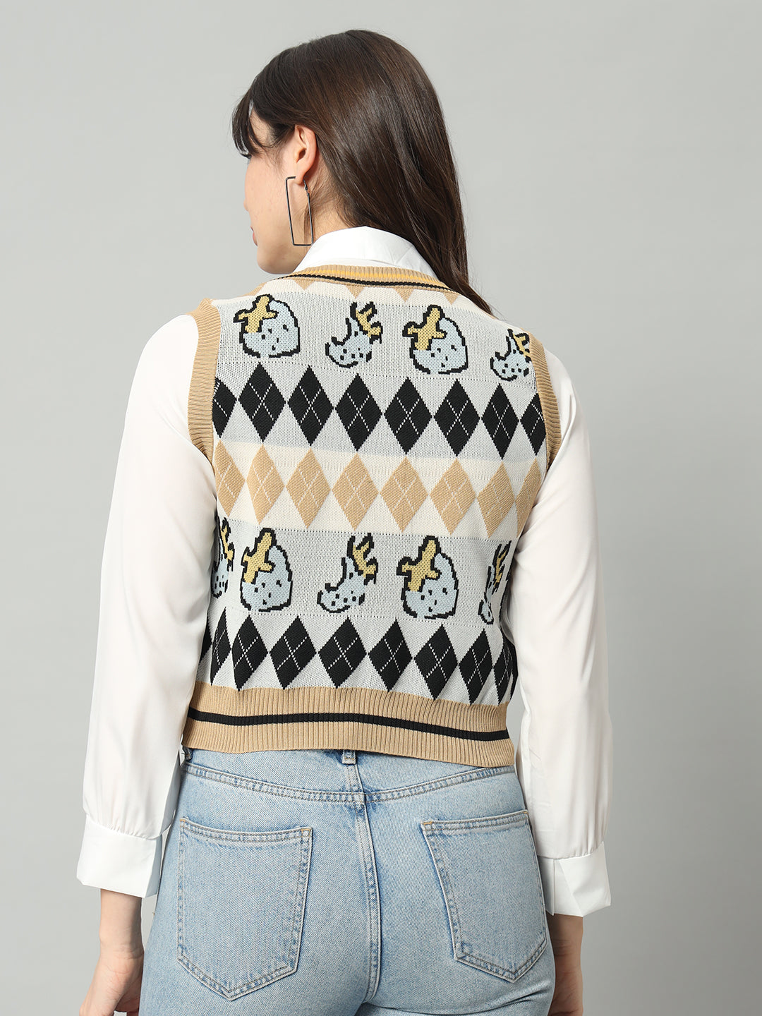 BROOWL Women's Geometric Printed Woollen Sweater Vest