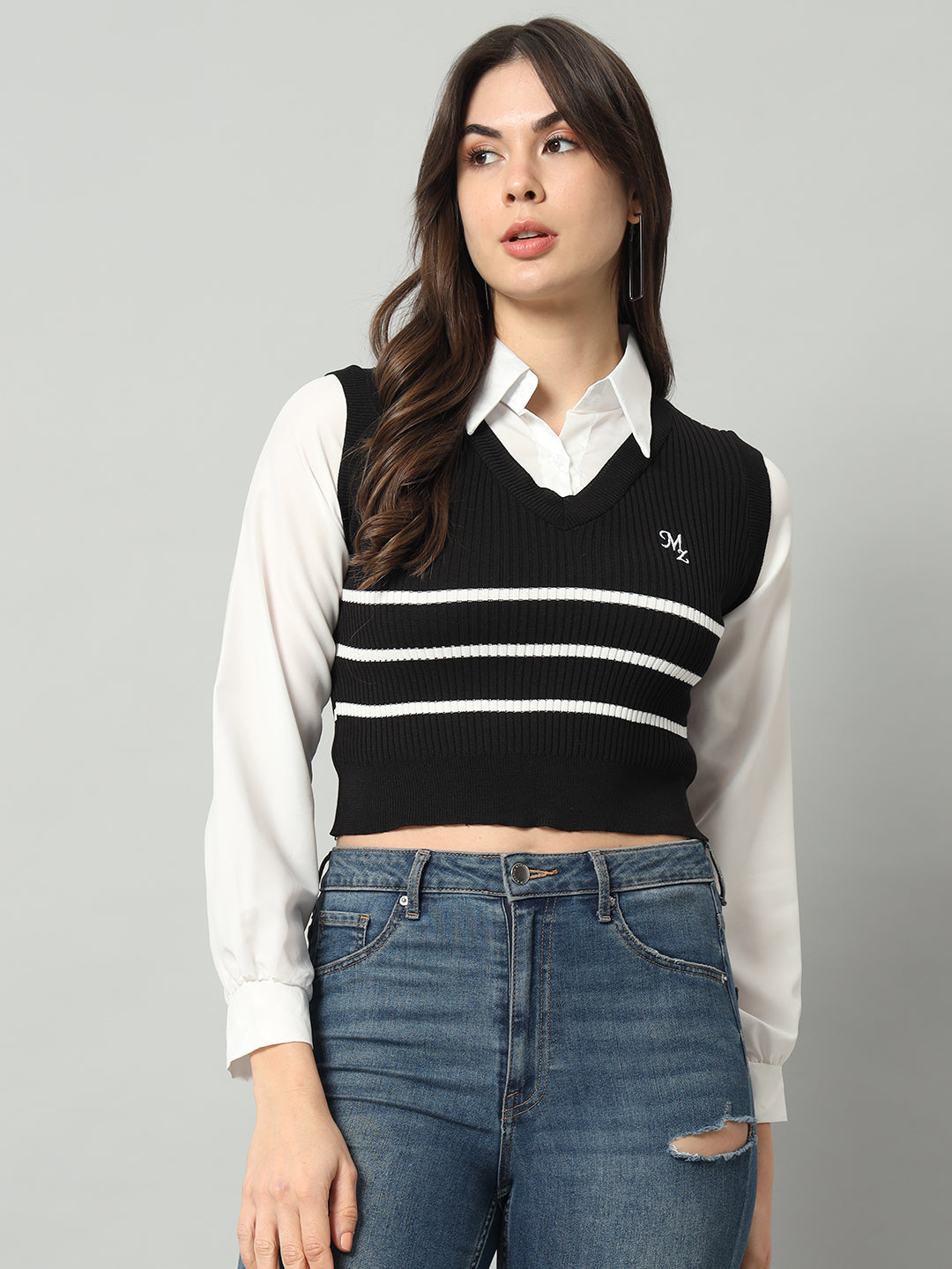 BROOWL Women's Striped Cropped Woollen Shirt With Attached Sweater