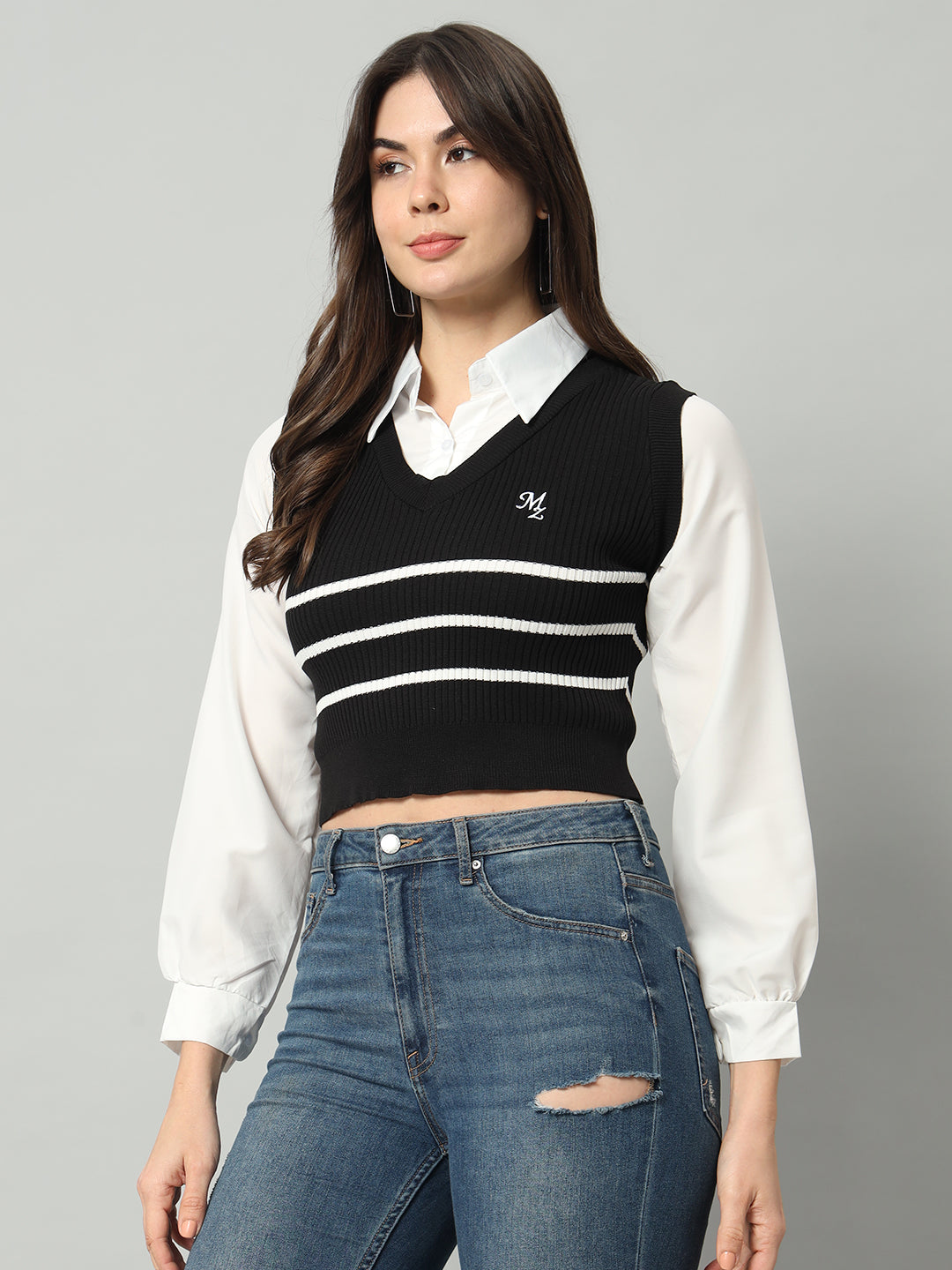 BROOWL Women's Striped Cropped Woollen Shirt With Attached Sweater