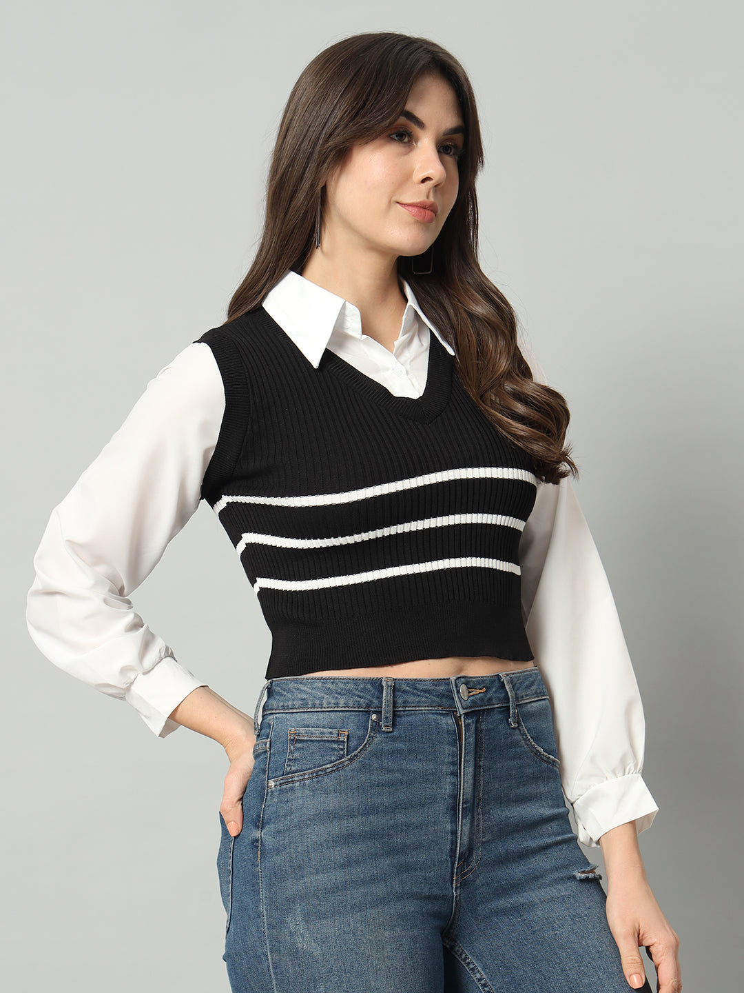 BROOWL Women's Striped Cropped Woollen Shirt With Attached Sweater