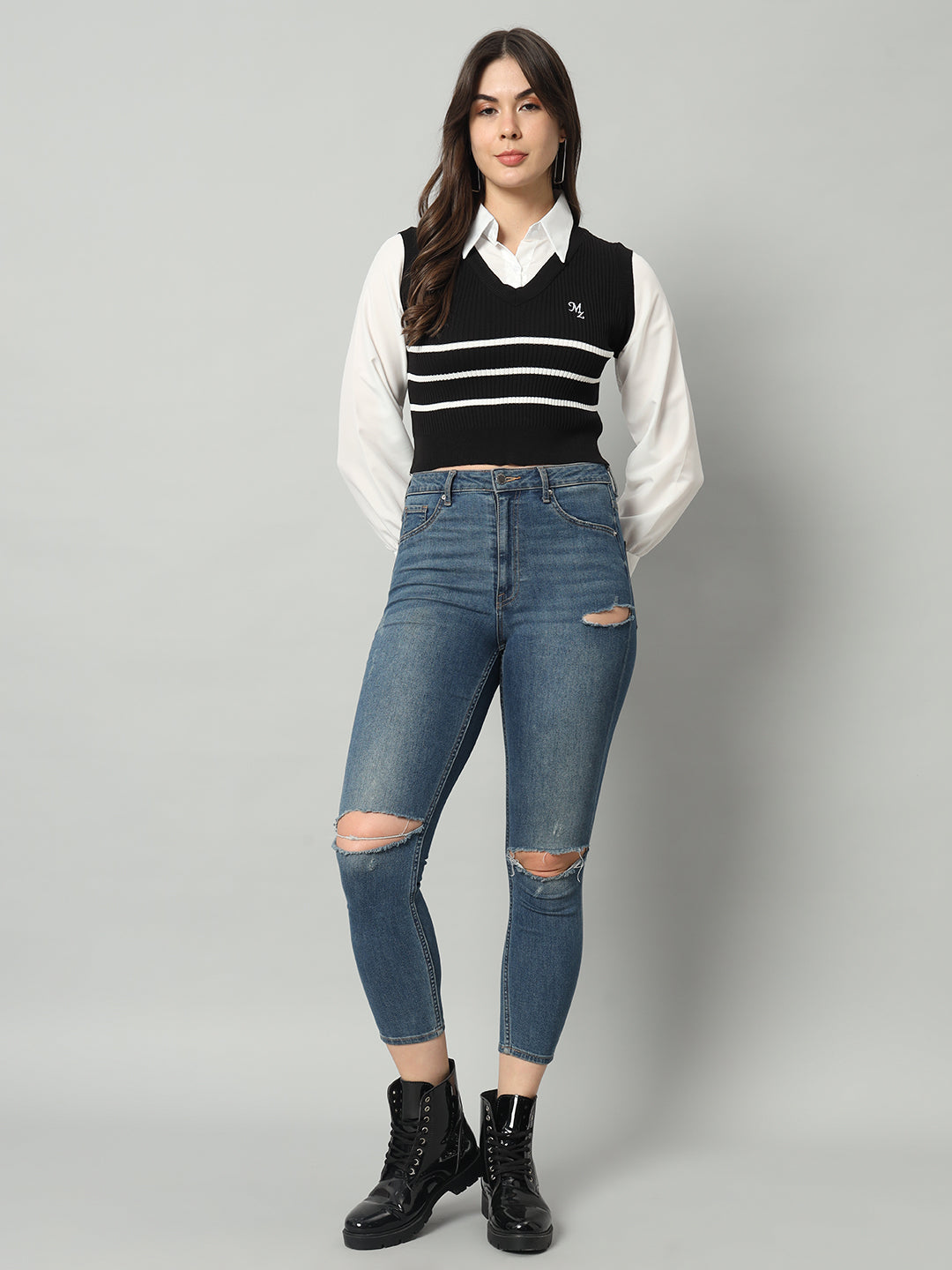 BROOWL Women's Striped Cropped Woollen Shirt With Attached Sweater