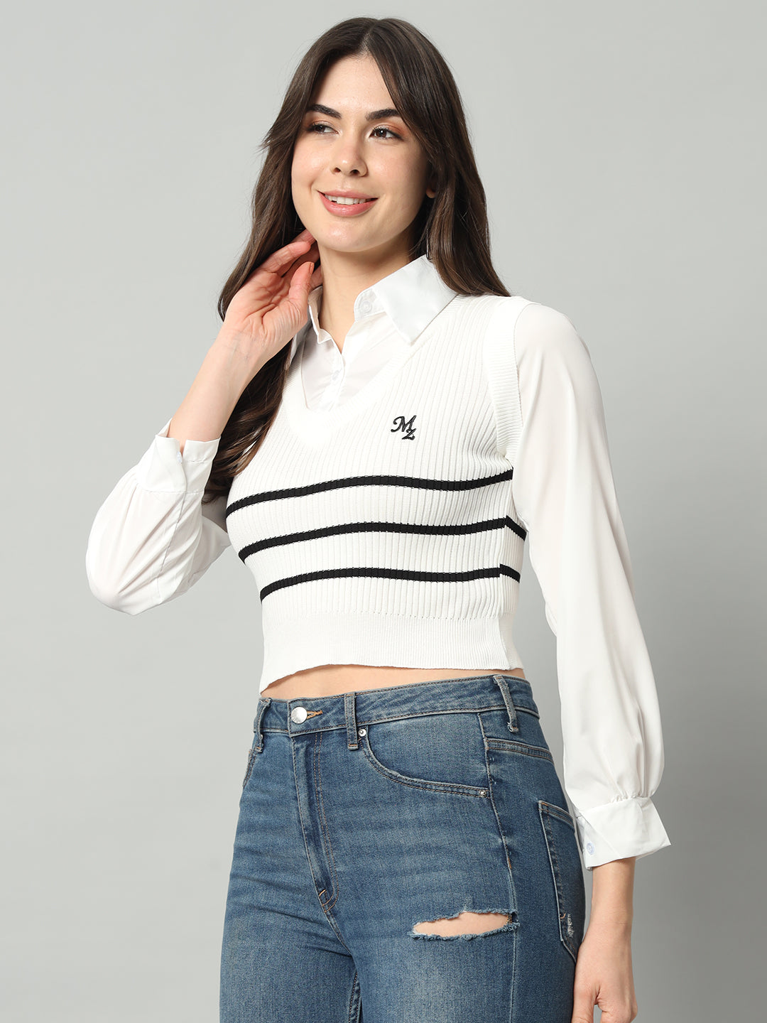 BROOWL Women's Striped Cropped Woollen Shirt With Attached Sweater