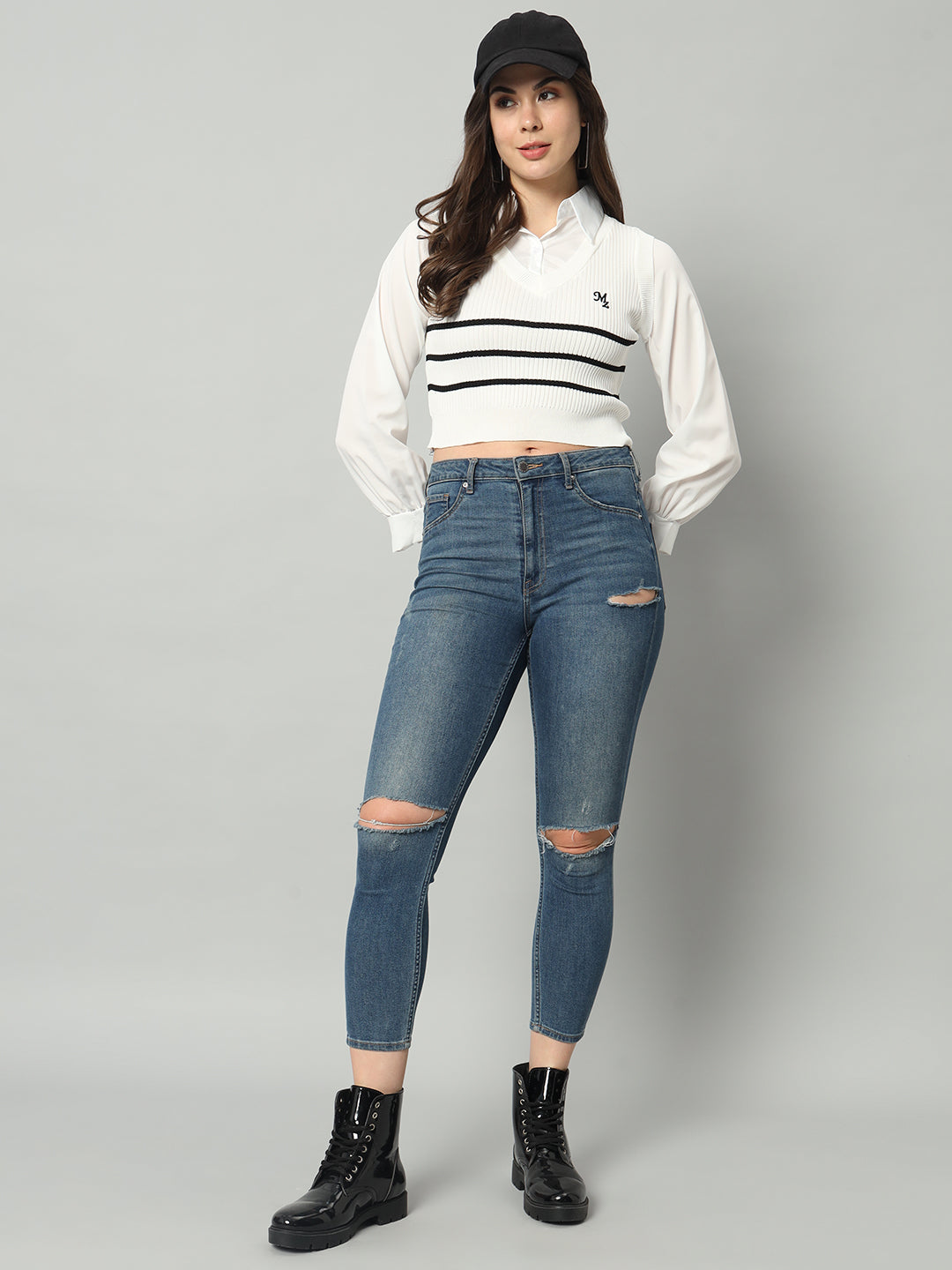 BROOWL Women's Striped Cropped Woollen Shirt With Attached Sweater