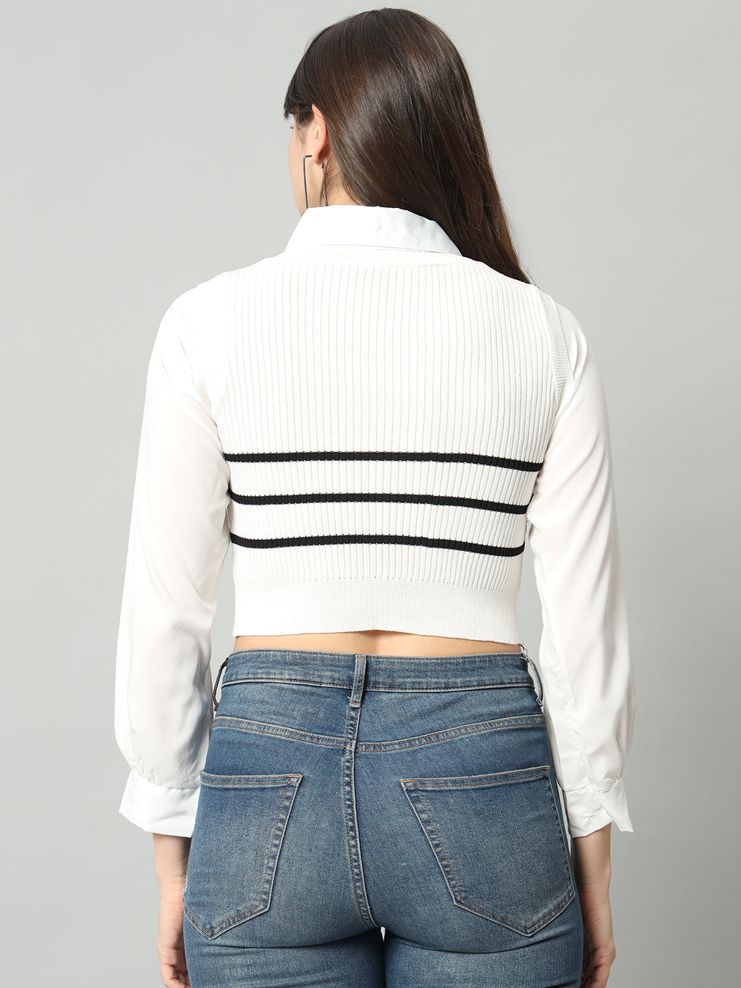 BROOWL Women's Striped Cropped Woollen Shirt With Attached Sweater