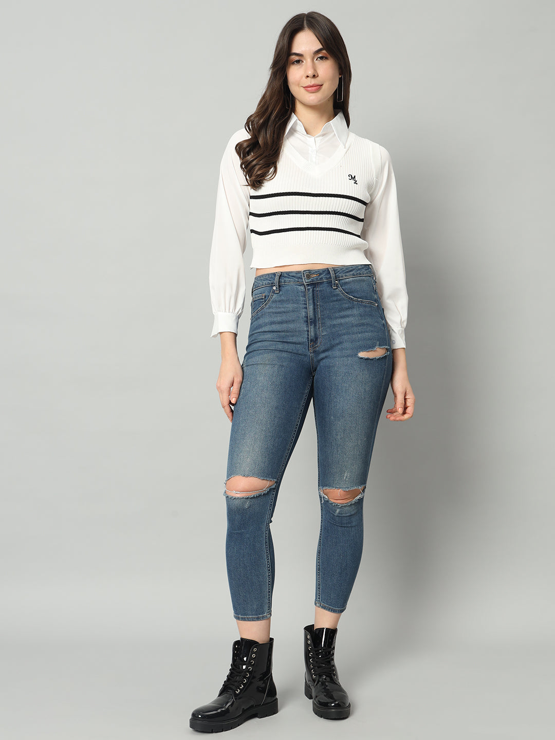 BROOWL Women's Striped Cropped Woollen Shirt With Attached Sweater