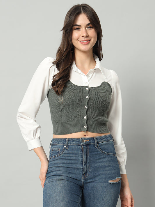 BROOWL Self Designed Cropped Woollen Shirt With Attached Sweater