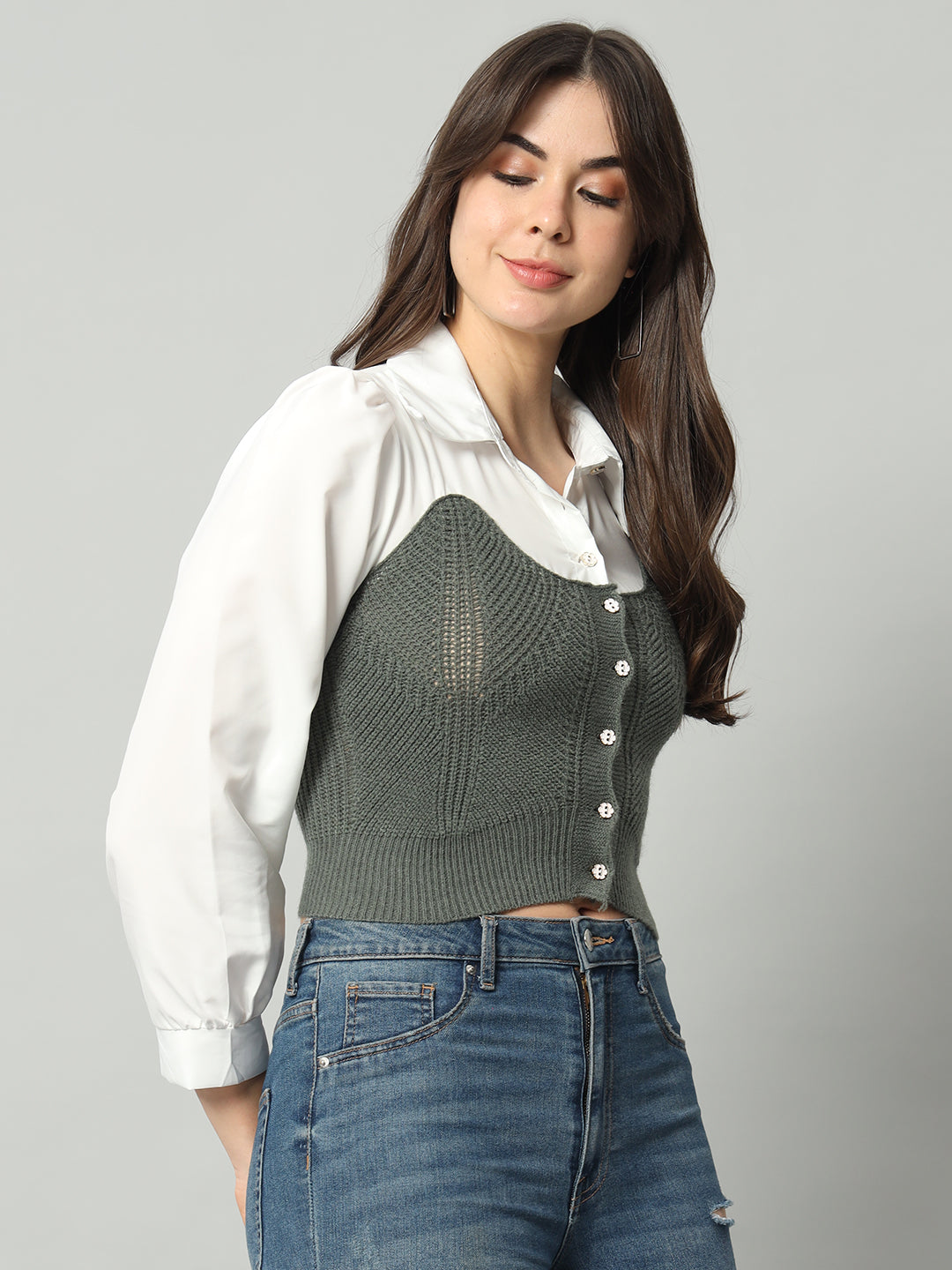 BROOWL Self Designed Cropped Woollen Shirt With Attached Sweater