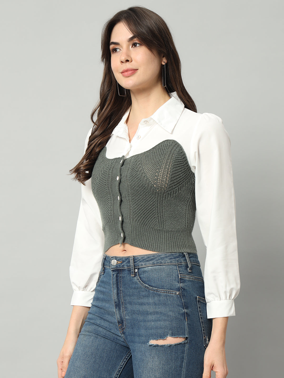 BROOWL Self Designed Cropped Woollen Shirt With Attached Sweater