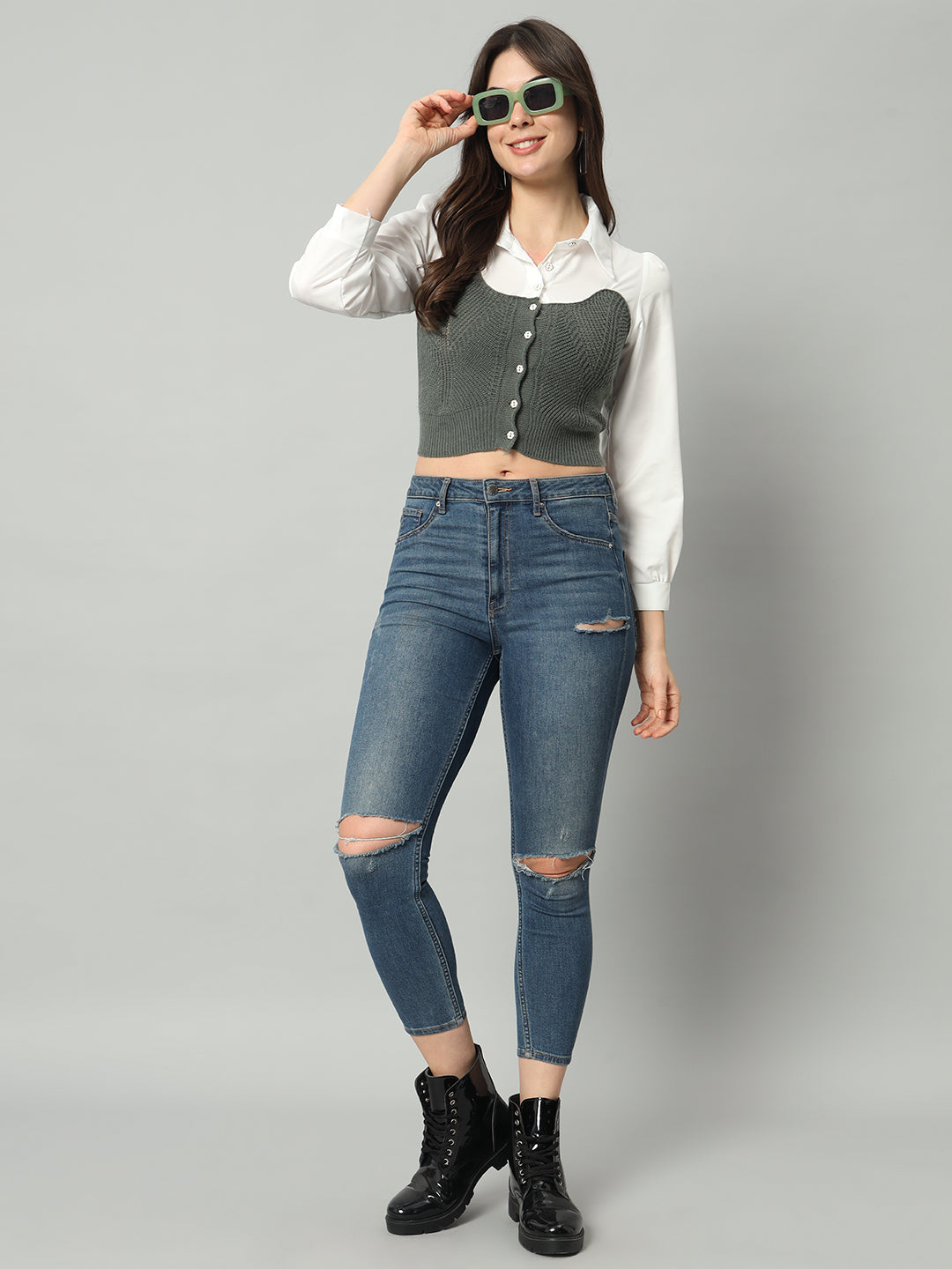 BROOWL Self Designed Cropped Woollen Shirt With Attached Sweater