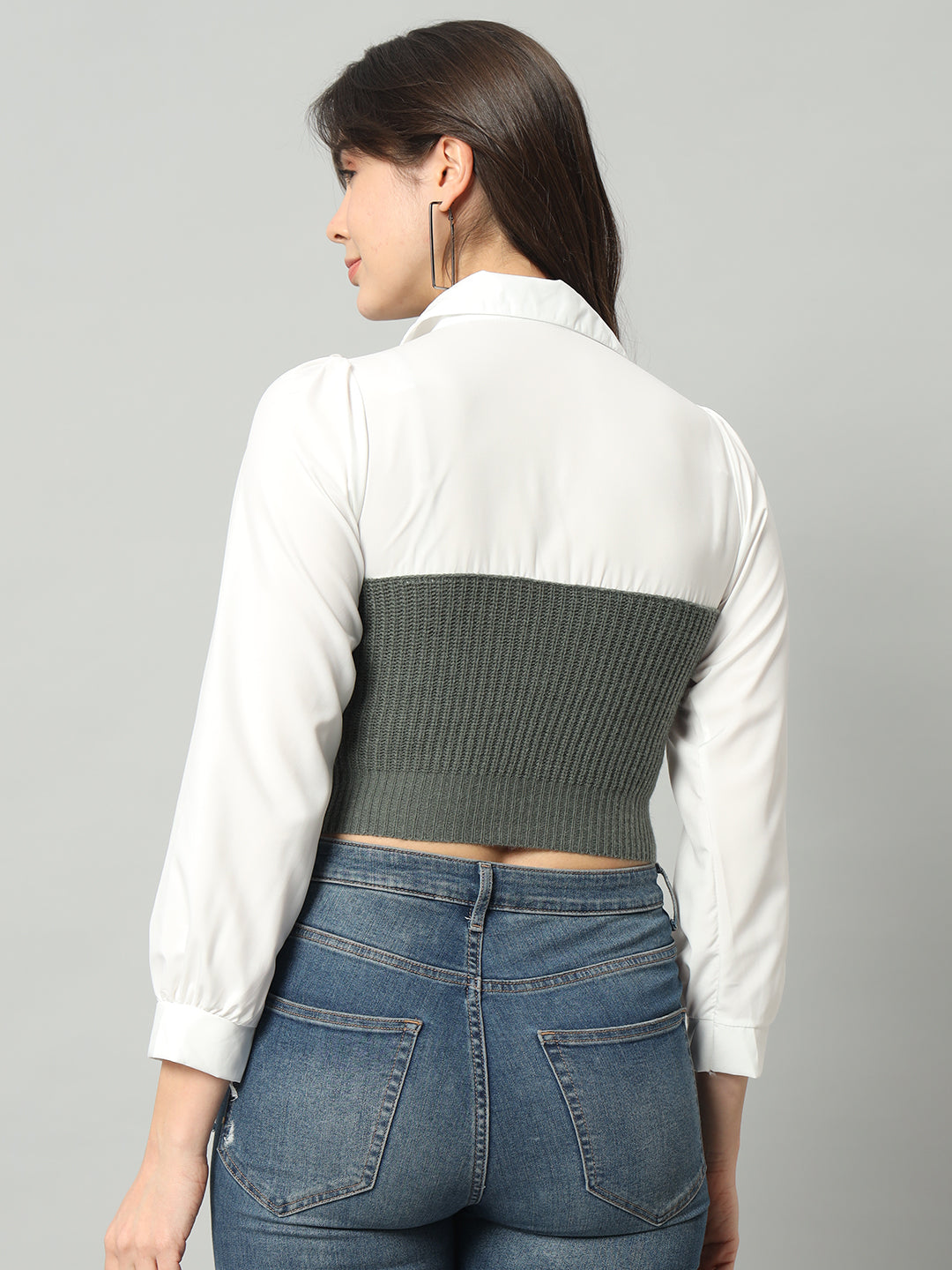 BROOWL Self Designed Cropped Woollen Shirt With Attached Sweater