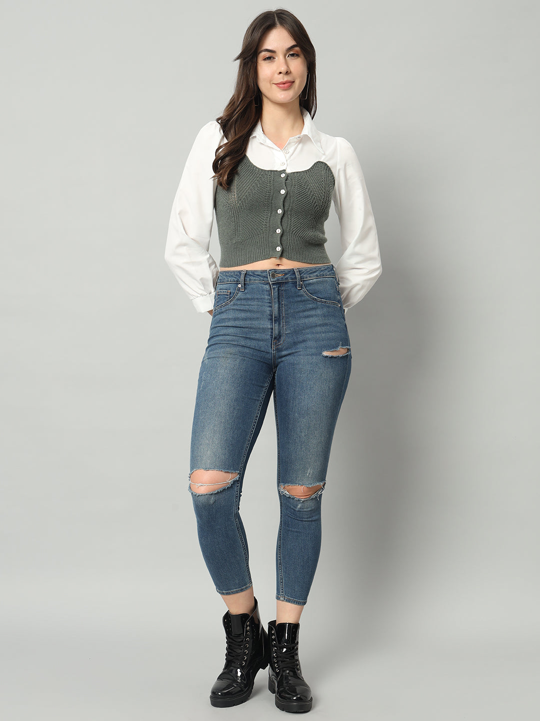 BROOWL Self Designed Cropped Woollen Shirt With Attached Sweater