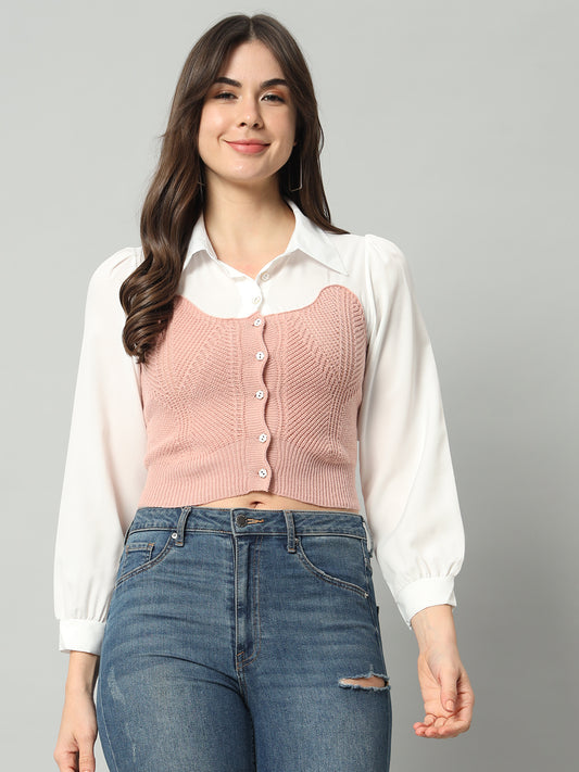 BROOWL Self Designed Cropped Woollen Shirt With Attached Sweater