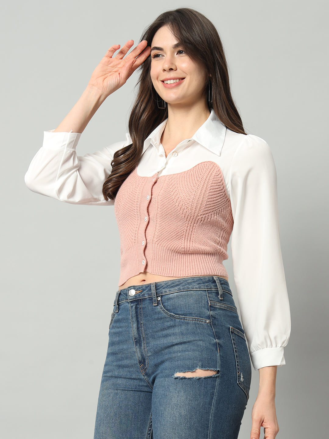 BROOWL Self Designed Cropped Woollen Shirt With Attached Sweater