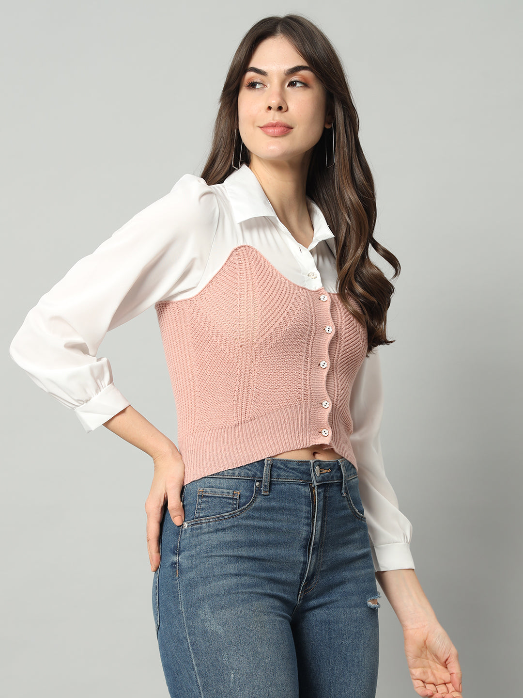 BROOWL Self Designed Cropped Woollen Shirt With Attached Sweater