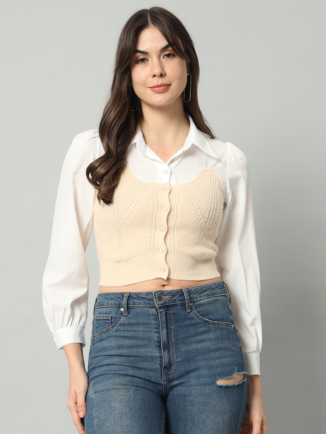 BROOWL Self Designed Cropped Woollen Shirt With Attached Sweater