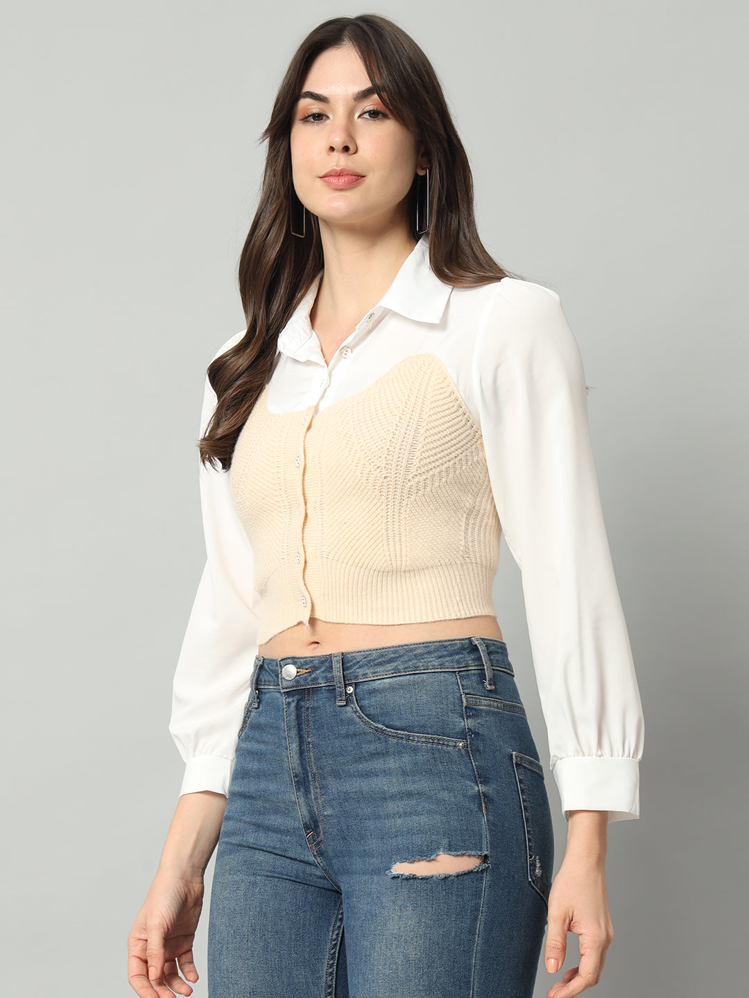 BROOWL Self Designed Cropped Woollen Shirt With Attached Sweater