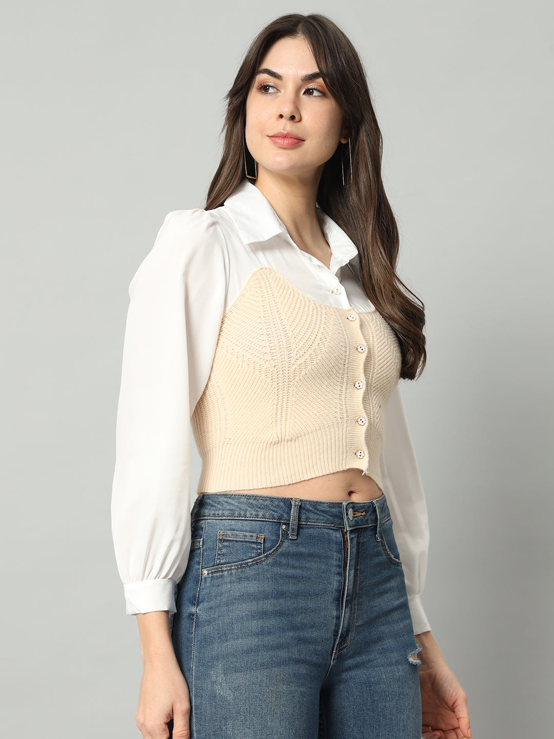 BROOWL Self Designed Cropped Woollen Shirt With Attached Sweater