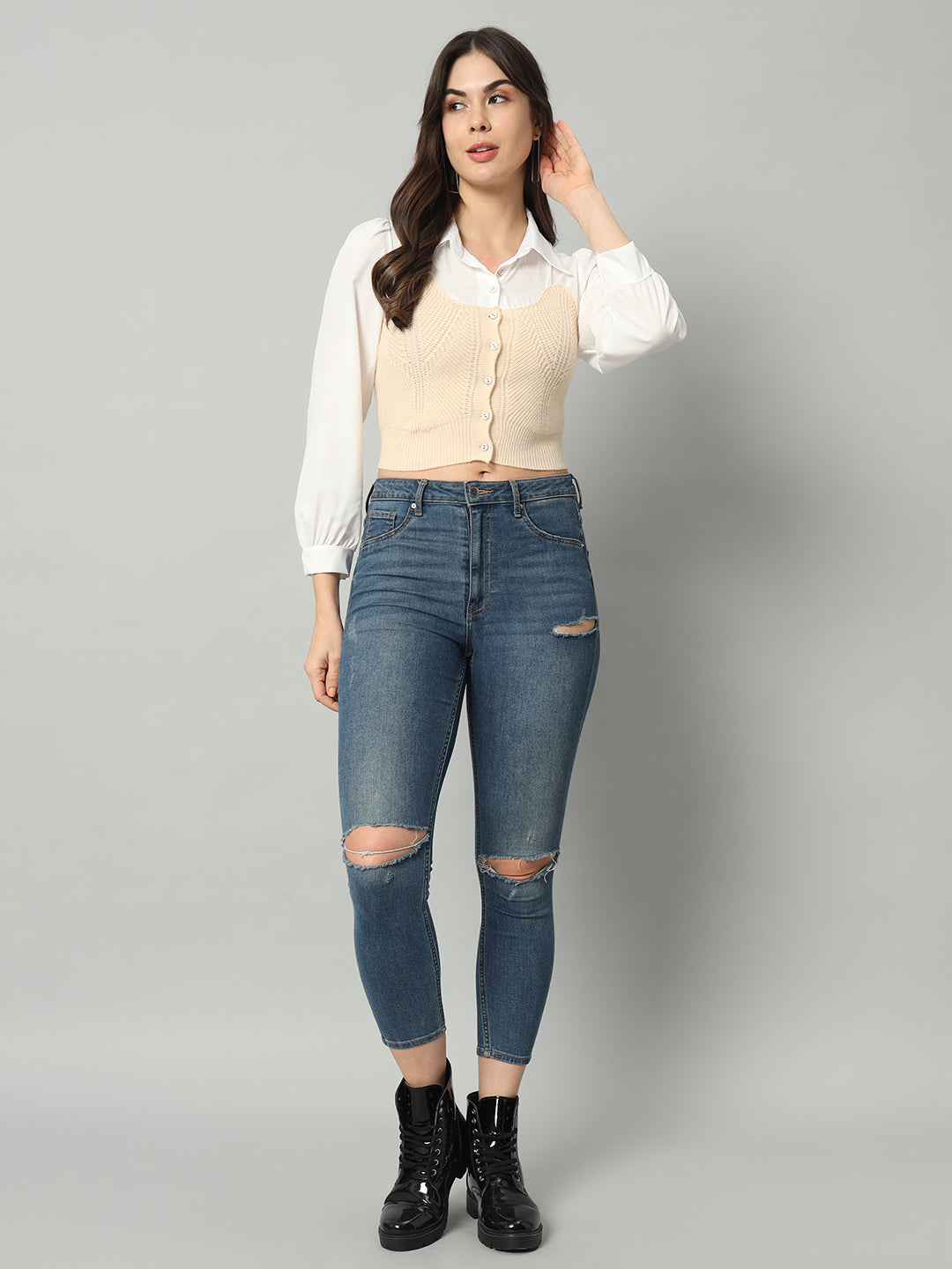 BROOWL Self Designed Cropped Woollen Shirt With Attached Sweater