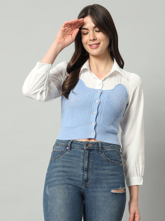 BROOWL Self Designed Cropped Woollen Shirt With Attached Sweater