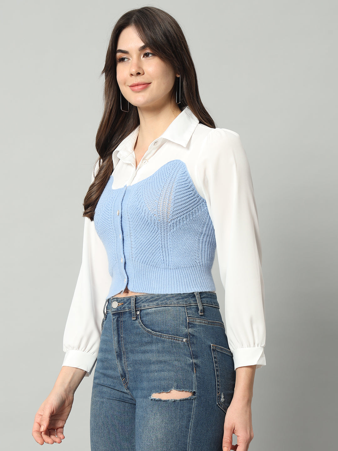 BROOWL Self Designed Cropped Woollen Shirt With Attached Sweater