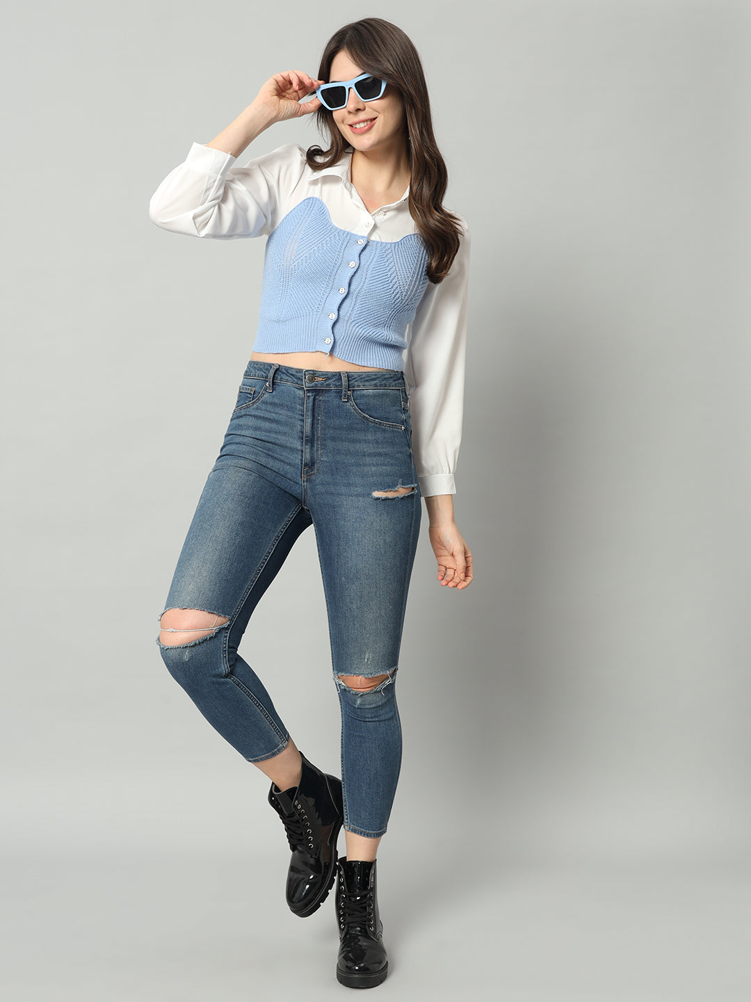 BROOWL Self Designed Cropped Woollen Shirt With Attached Sweater