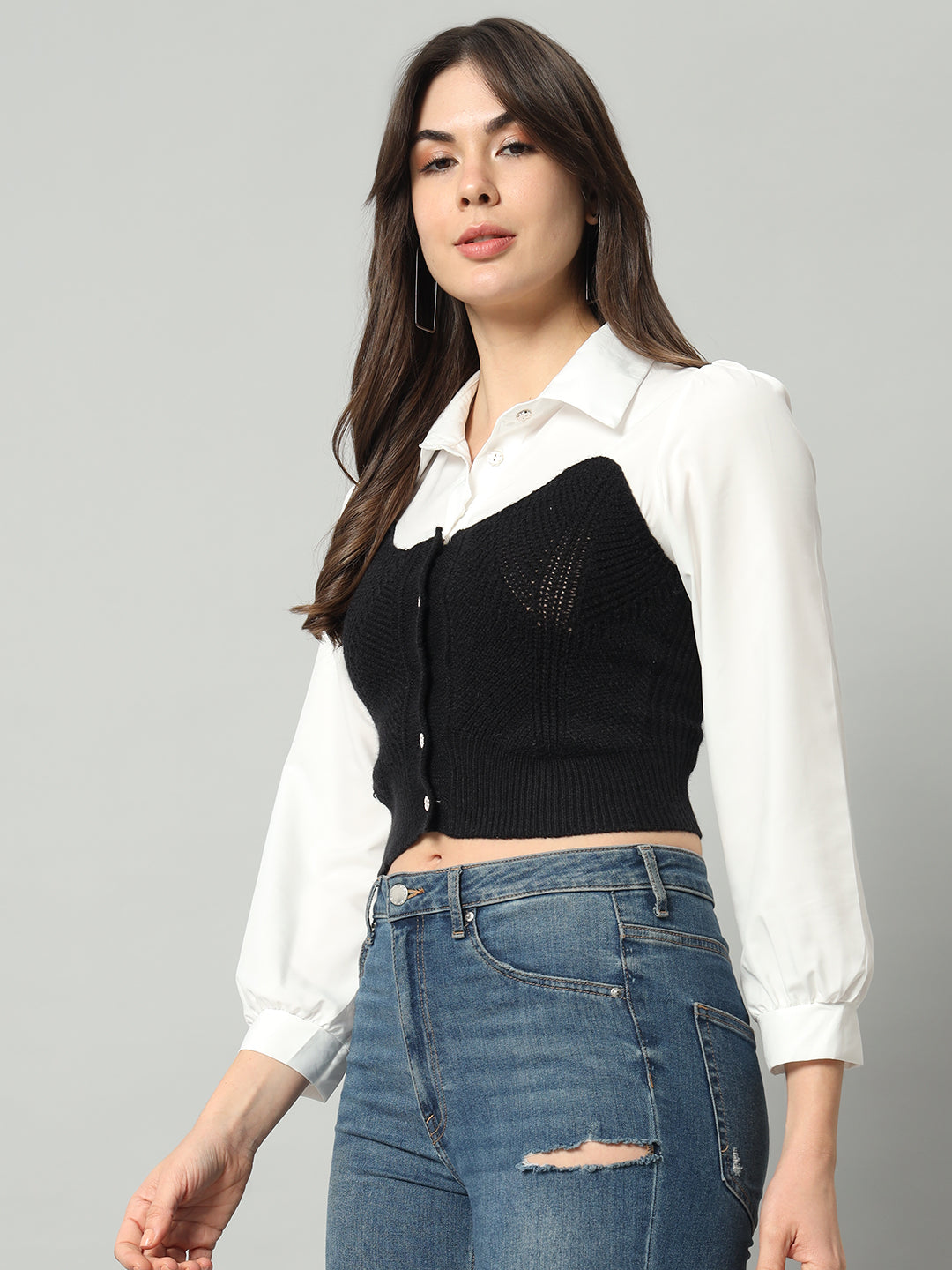 BROOWL Self Designed Cropped Woollen Shirt With Attached Sweater