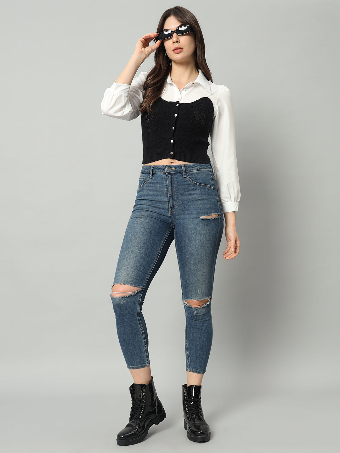 BROOWL Self Designed Cropped Woollen Shirt With Attached Sweater