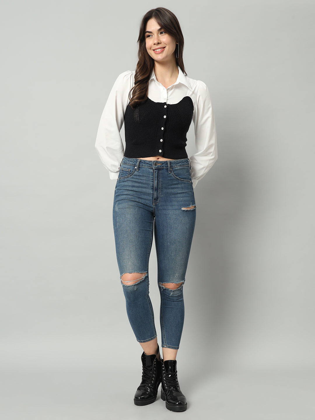 BROOWL Self Designed Cropped Woollen Shirt With Attached Sweater