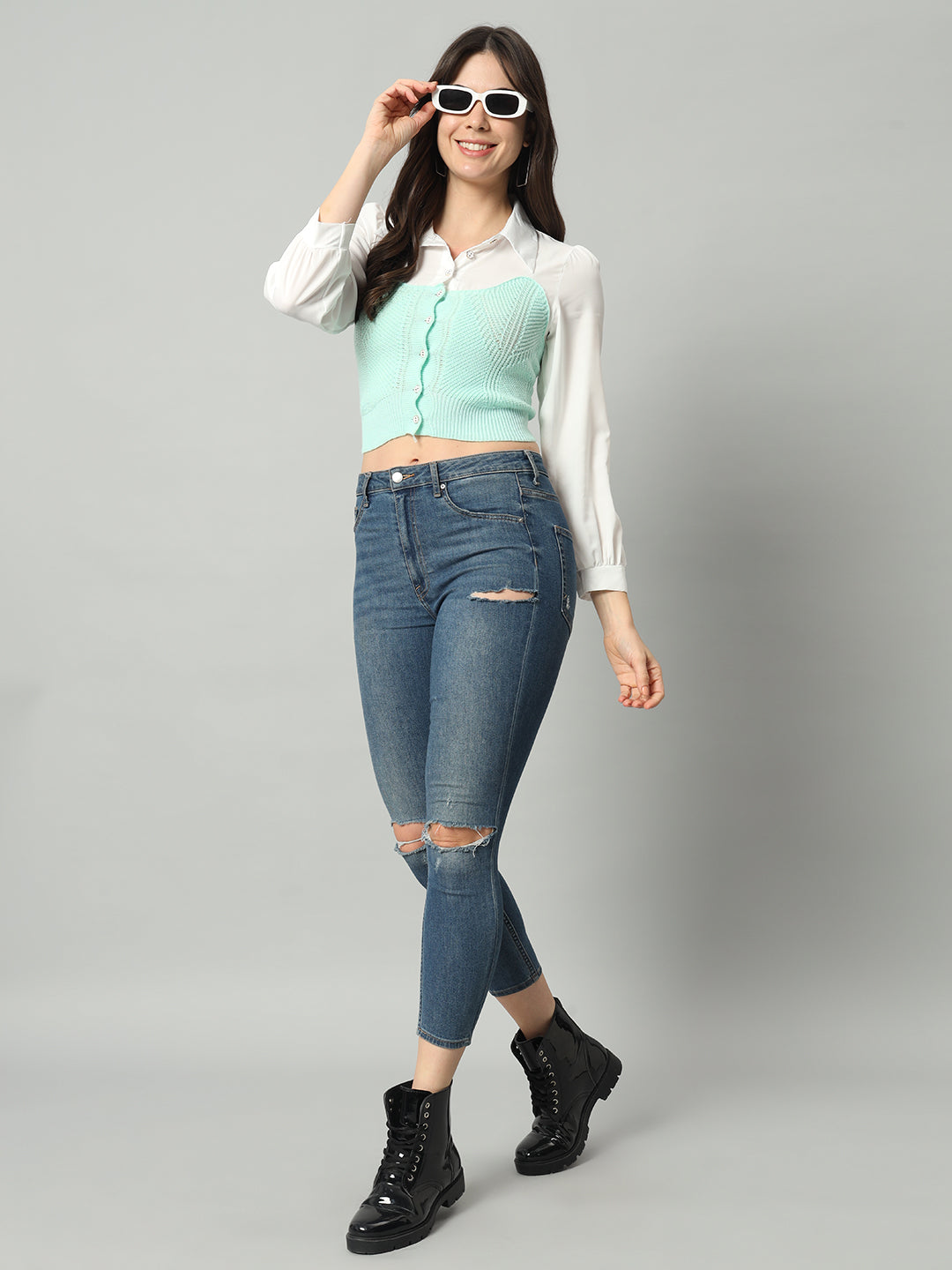 BROOWL Self Designed Cropped Woollen Shirt With Attached Sweater