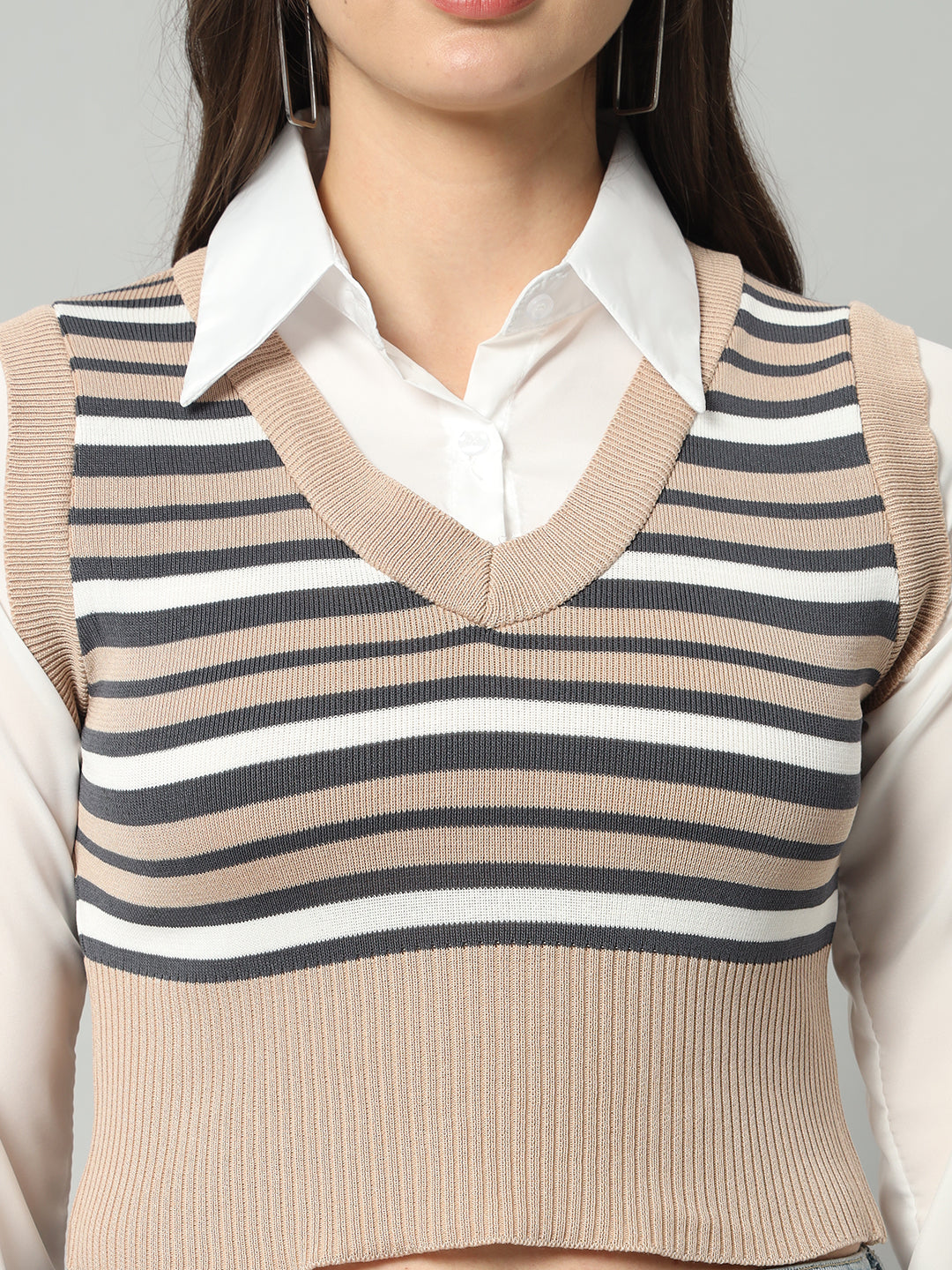 BROOWL Women's Striped V-Neck Cropped Woollen Sweater Vest