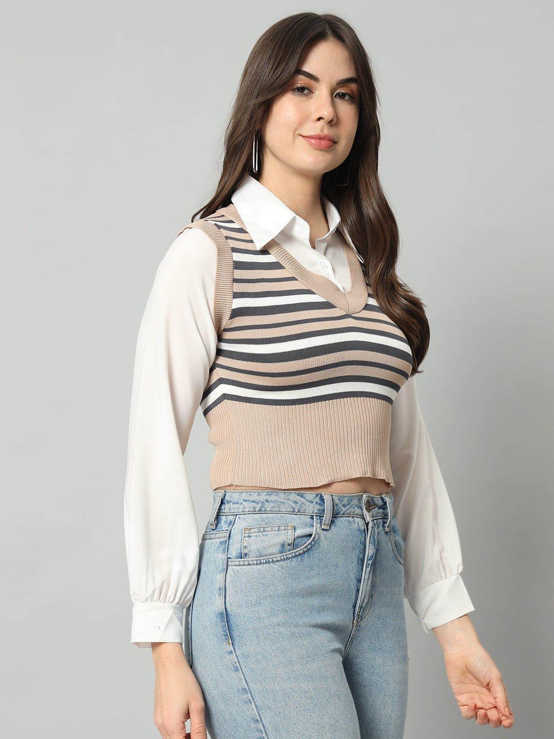 BROOWL Women's Striped V-Neck Cropped Woollen Sweater Vest