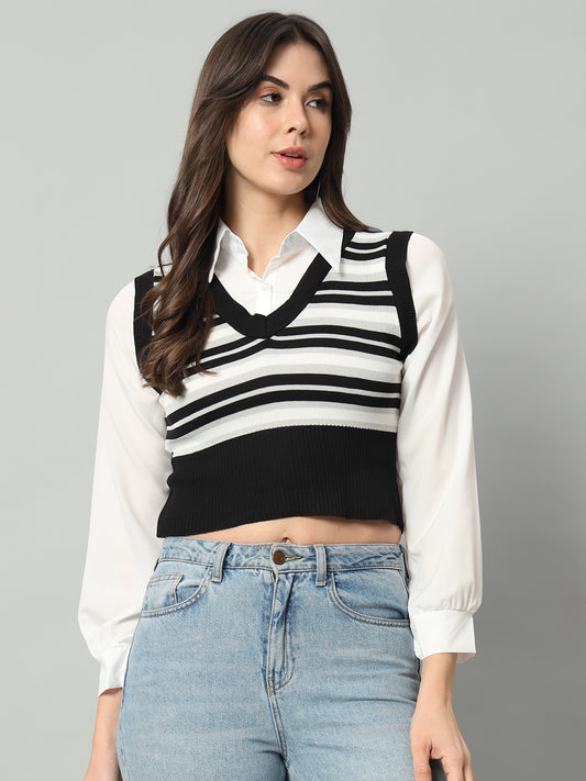 BROOWL Women's Striped V-Neck Cropped Woollen Sweater Vest