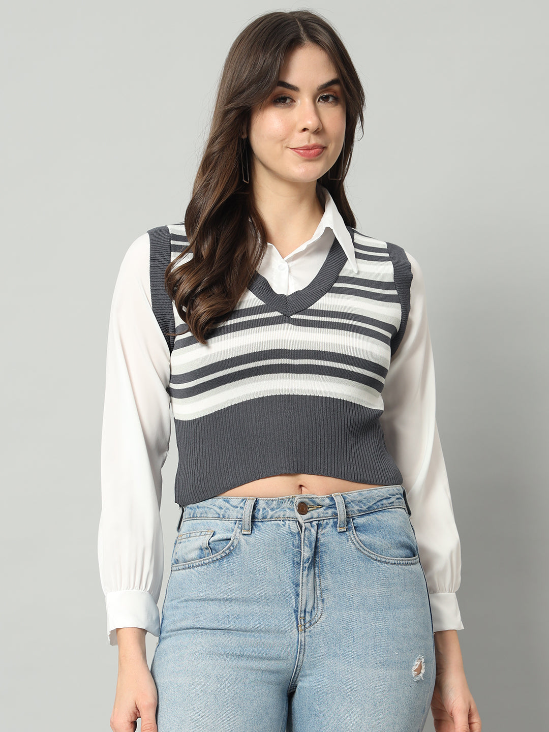 BROOWL Women's Striped V-Neck Cropped Woollen Sweater Vest