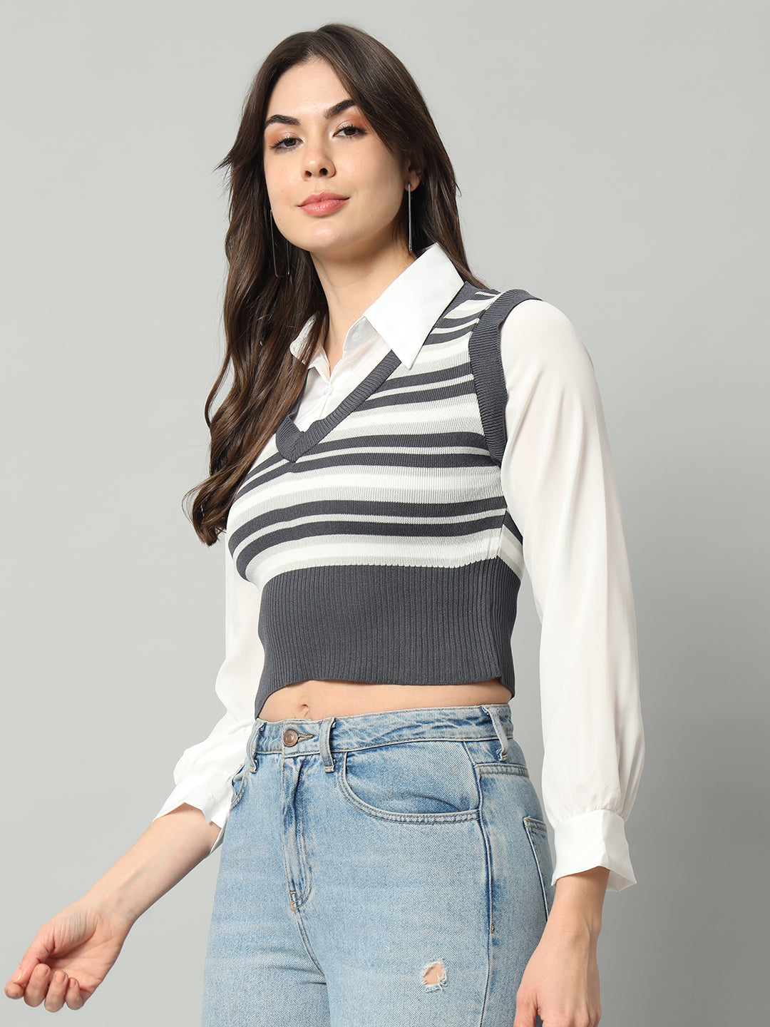 BROOWL Women's Striped V-Neck Cropped Woollen Sweater Vest