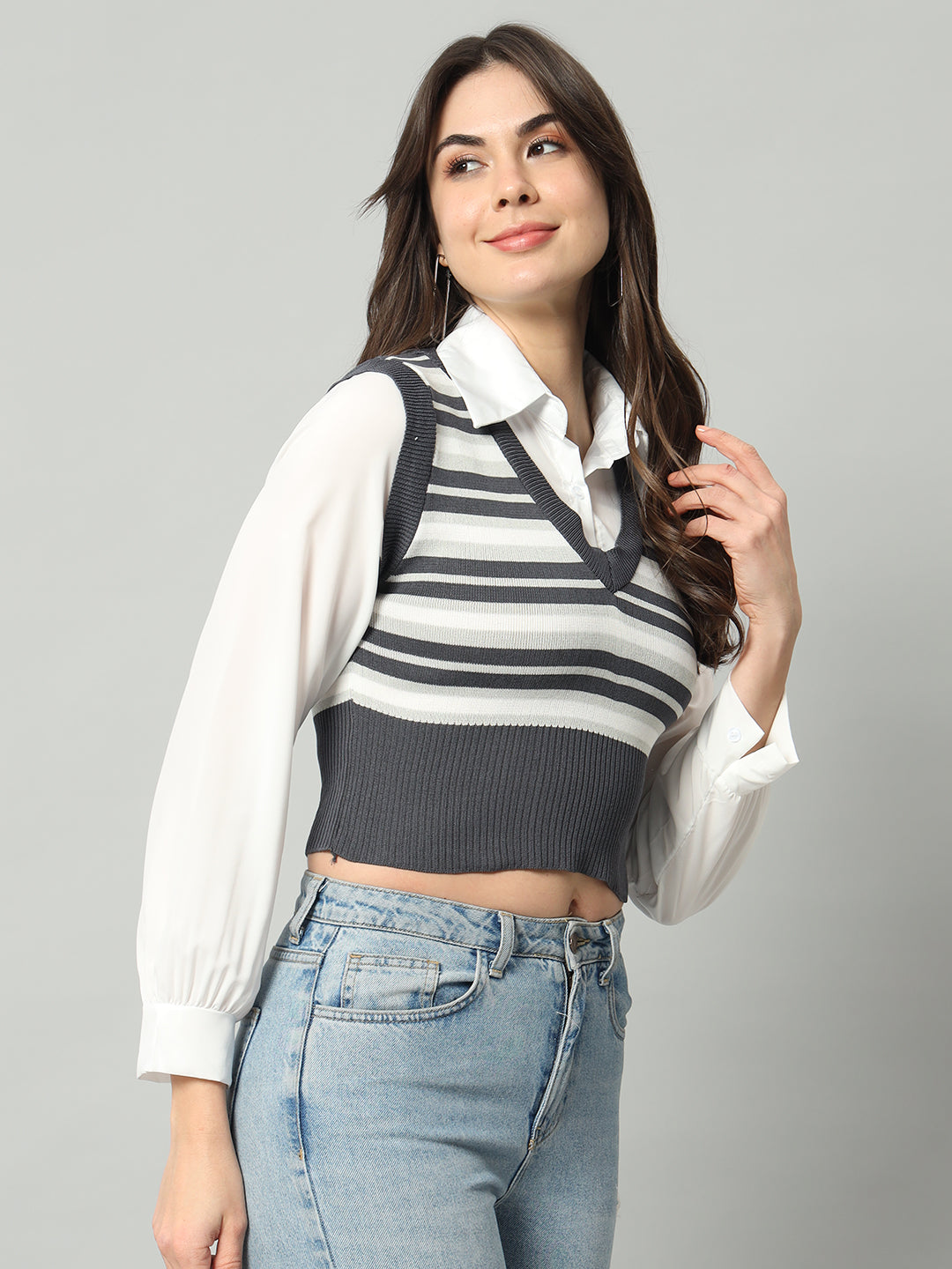 BROOWL Women's Striped V-Neck Cropped Woollen Sweater Vest