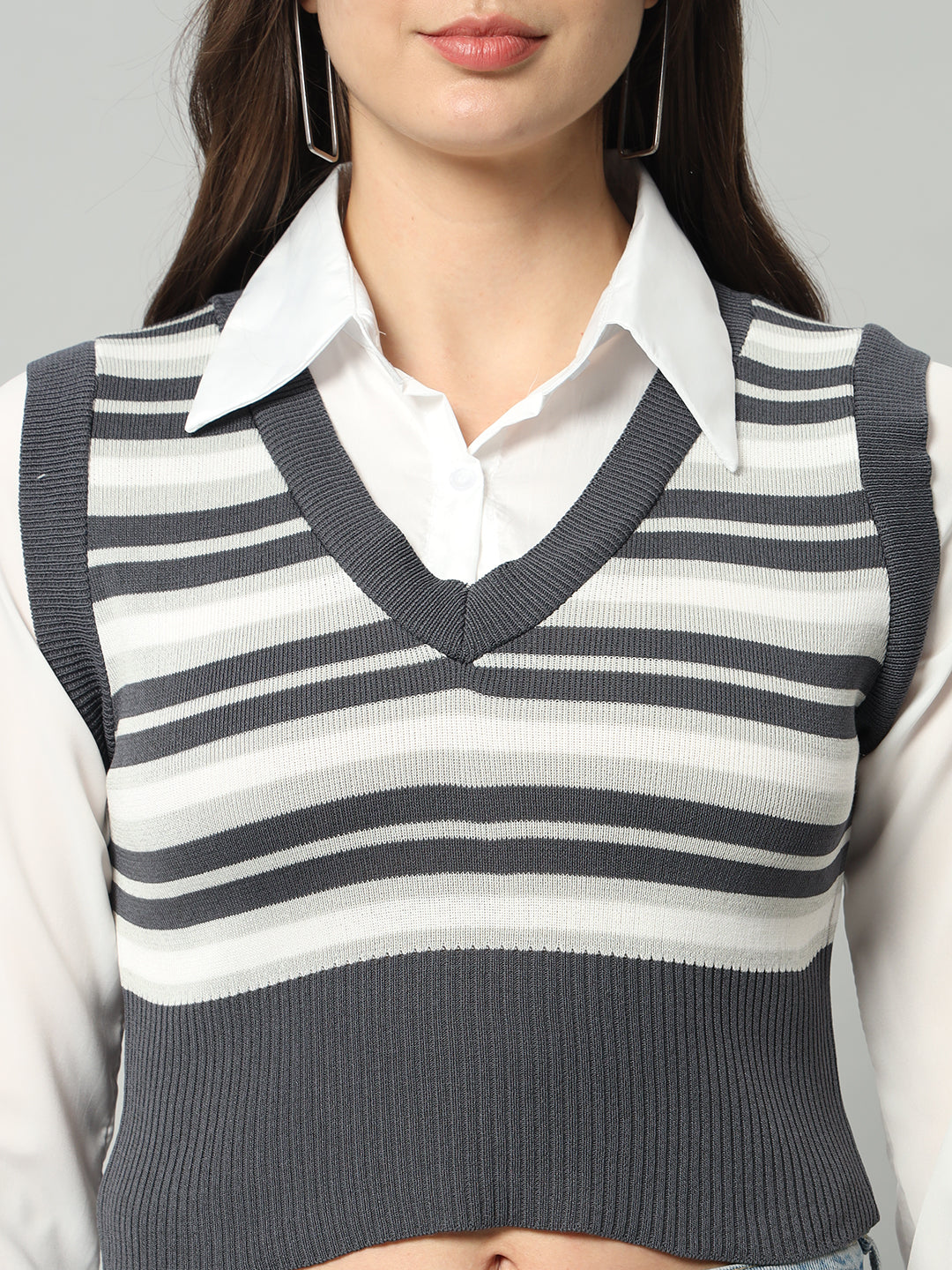 BROOWL Women's Striped V-Neck Cropped Woollen Sweater Vest